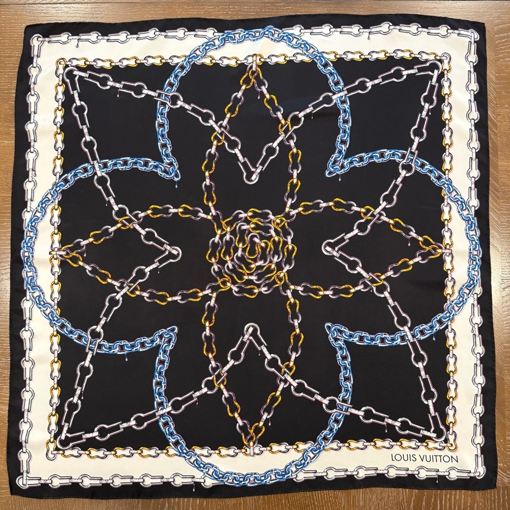 Louis Vuitton Silk Scarf 90 Carré Black Blue Gold Hand Rolled Made in France